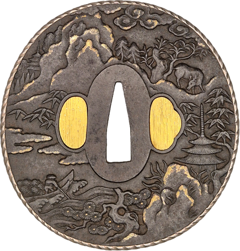 Round iron Omi Hakkei tsuba framed by a twisted silver rim: mountains, pines, a tall pagoda among bamboo and a boatman in the waves, with gold on the ridges and in both hitsu-ana.