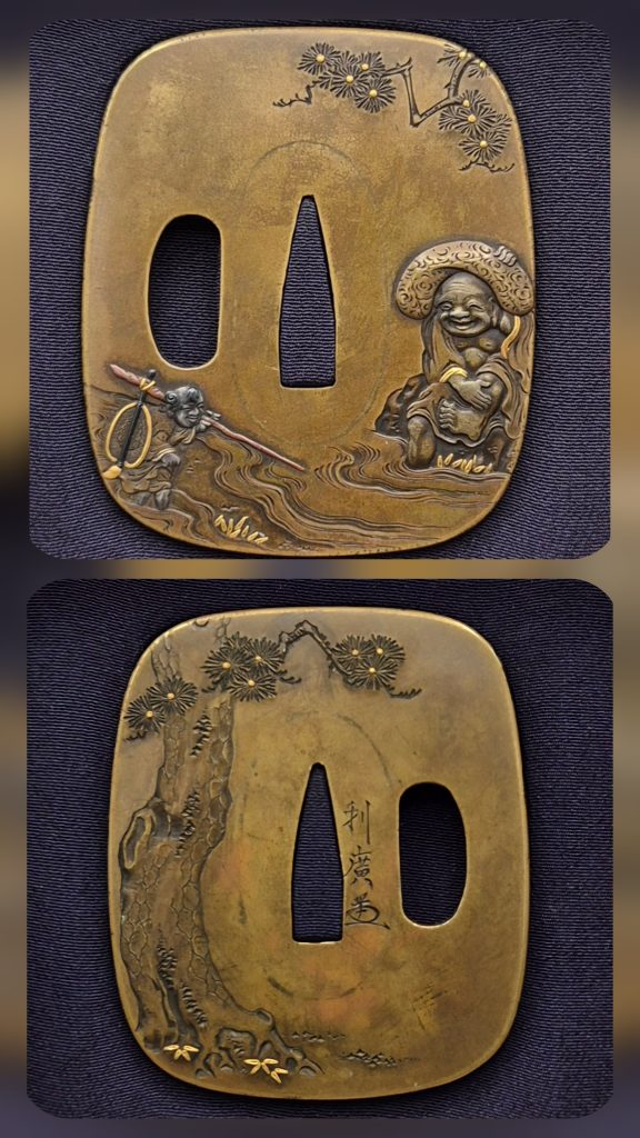 Both faces of the Hotei tsuba, one above the other.