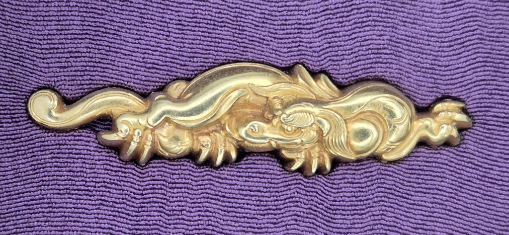 One rain dragon close up: a smooth body arching from the curled tail at the left, the maned head turned back near the middle, claws gripping below.