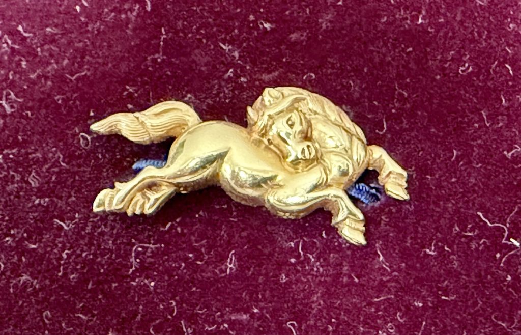 One horse close up: it gallops with its head turned back over its shoulder, the mane full and heavy, the body smooth and polished.