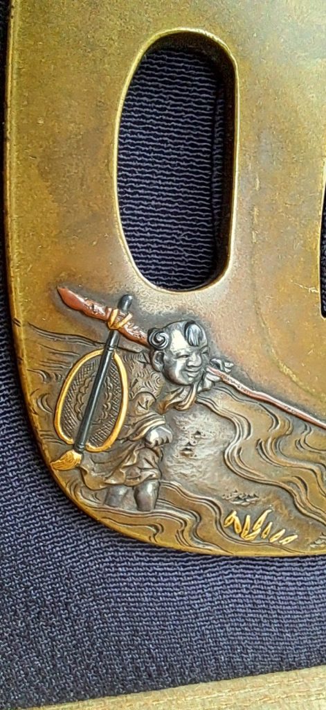 Detail: the boy in the stream, a pole over his shoulder with a gold-rimmed net hanging from it, his face turned back toward the right.